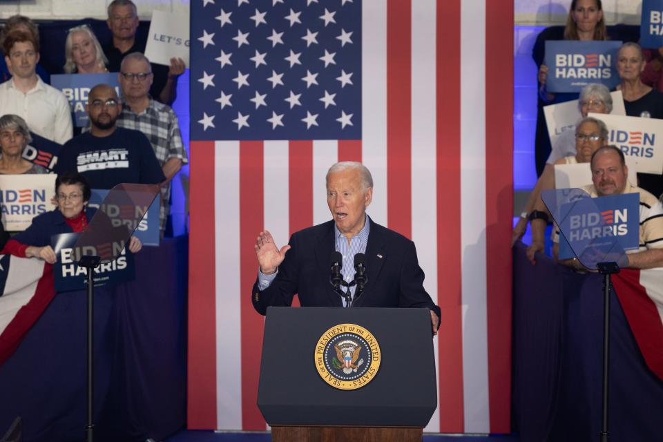 President Joe Biden speaks to supporters during a campaign rally at Sherman Middle School in Madison, Wisconsin, on July 5, 2024.