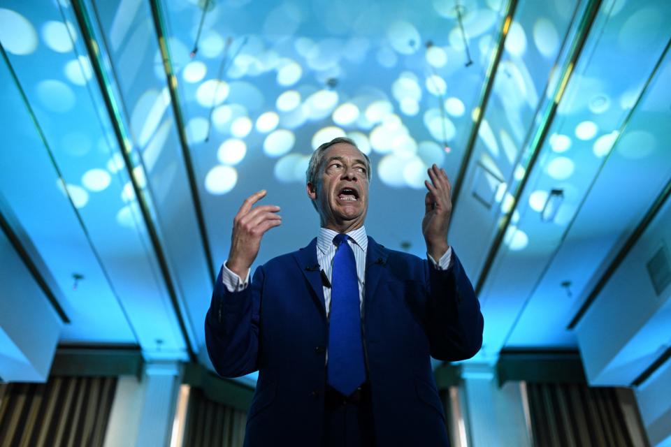 TOPSHOT - Reform UK leader Nigel Farage gives a speech at a hotel in Blackpool, north-west England, on June 20, 2024, ahead of the UK general election on July 4. (Photo by Oli SCARFF/AFP) (Photo by OLI SCARFF/AFP via Getty Images)