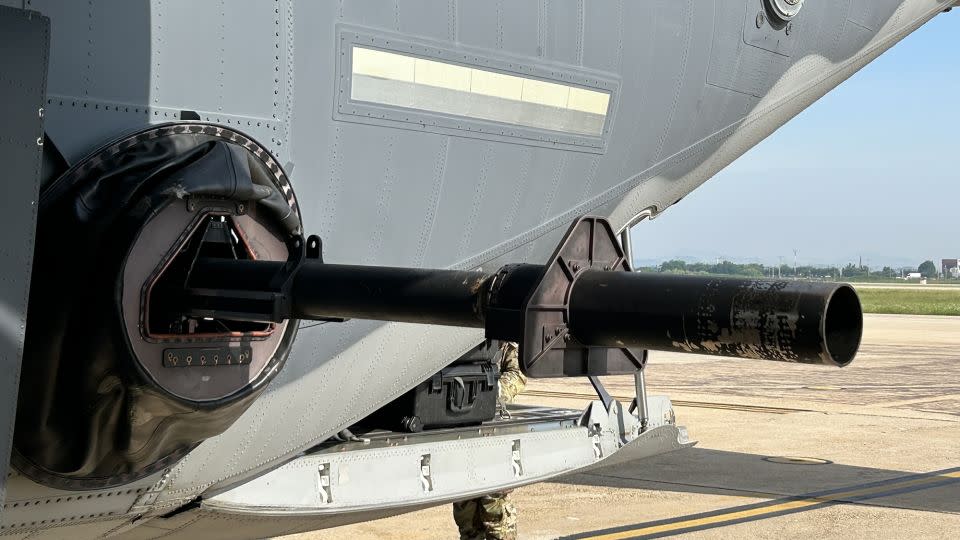 A 105mm howitzer is seen on the back of a U.S. Air Force AC-130J at Osan Air Base, South Korea, in early June 2024. - Brad Lendon/CNN