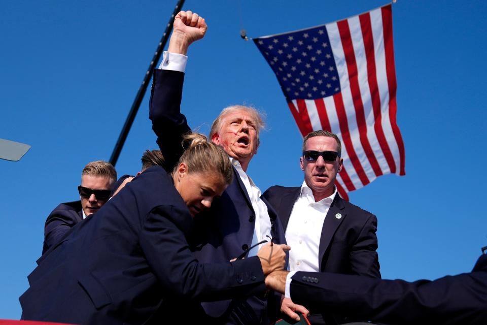 Trump, with blood on his face, raises his fist in triumph at a rally.