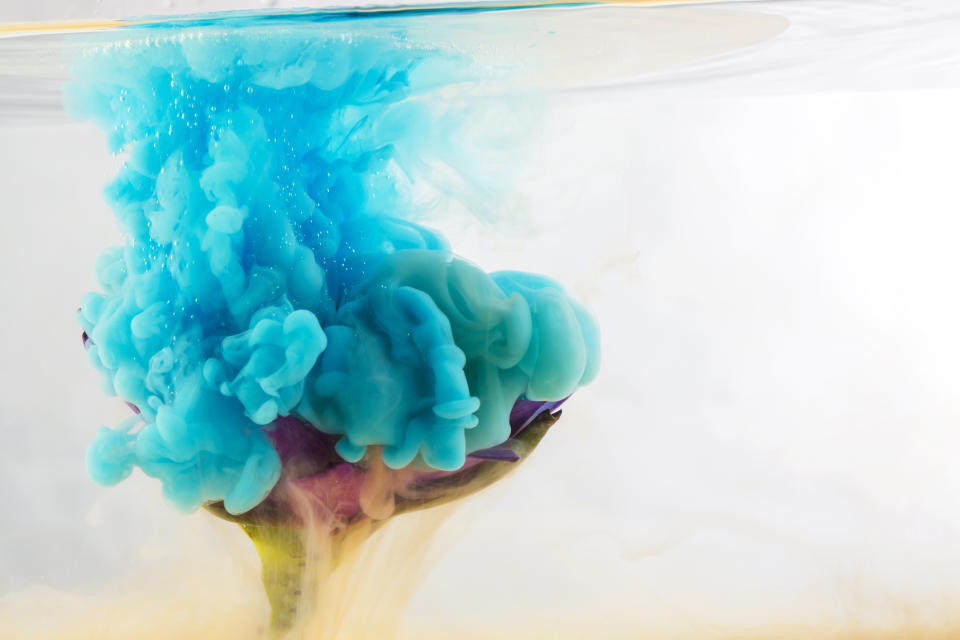 A flower underwater is partially visible as vibrant blue paint clouds surround it, creating an artistic and ethereal effect