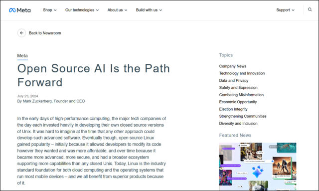 A screenshot of Mark Zuckerberg's essay, "Open Source AI is the way forward," published on July 23, 2024.