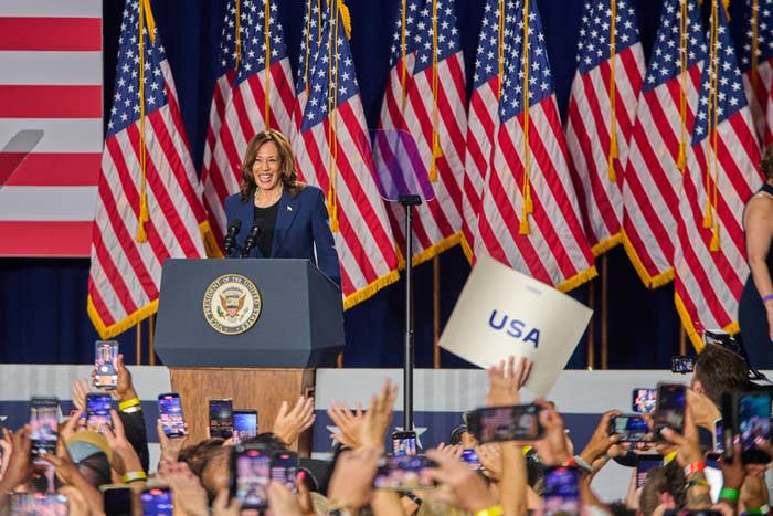 Kamala Harris speaks at a podium with the vice presidential seal, surrounded by American flags, as a crowd takes photos and holds signs