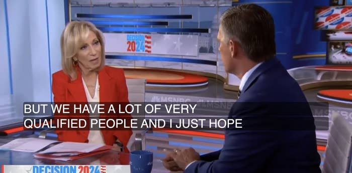 Andrea Mitchell and a man in a suit discuss Decision 2024 in a news studio. Captions read: "BUT WE HAVE A LOT OF VERY QUALIFIED PEOPLE AND I JUST HOPE"