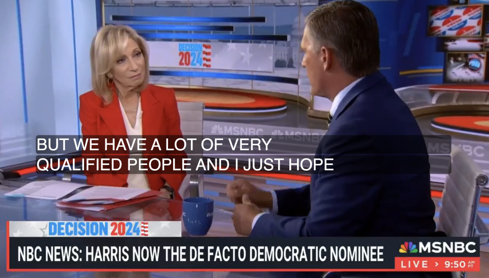 Andrea Mitchell and an unidentified interviewer discuss the Democratic presidential candidate on MSNBC. The on-screen text reads: "But we have a lot of very qualified people and I just hope"