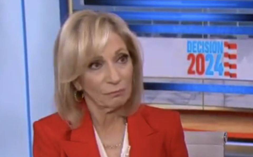 Andrea Mitchell in a red jacket discusses topics related to the upcoming "Decision 2024" elections in a news program