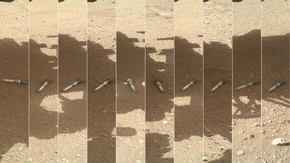 mosaic of photos of lightsaber-like monster tubes on the Martian surface