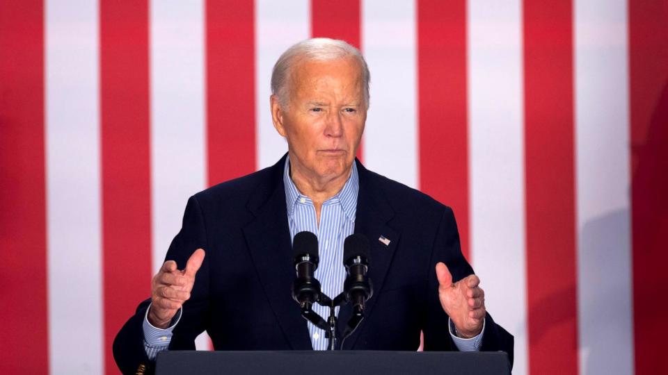 PHOTO: President Joe Biden speaks to supporters during a campaign rally at Sherman Middle School, on July 5, 2024, in Madison, Wisconsin. (Scott Olson/Getty Images)