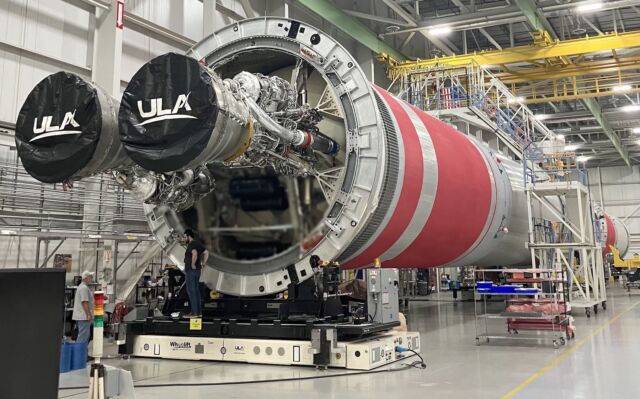 Two BE-4 engines installed on ULA's third Vulcan rocket, scheduled for launch before the end of the year on a US Space Force mission.