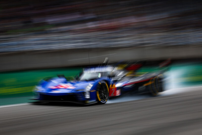 SAO PAULO, BRAZIL – JULY 13: The #02 Cadillac Racing Cadillac V-Series.R of Earl Bamber and Alex Lynn in action prior to the Six Hours of Sao Paulo at Autodromo de Interlagos on July 13, 2024 in Sao Paulo, Brazil.