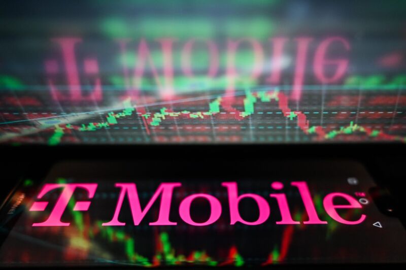 The T-Mobile logo is displayed in front of a stock chart.