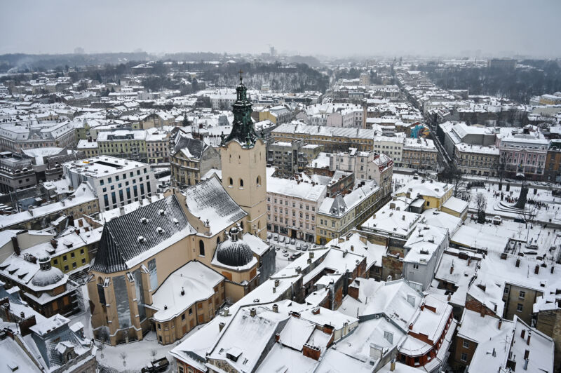 The cityscape from the tower of Lviv City Hall in winter.