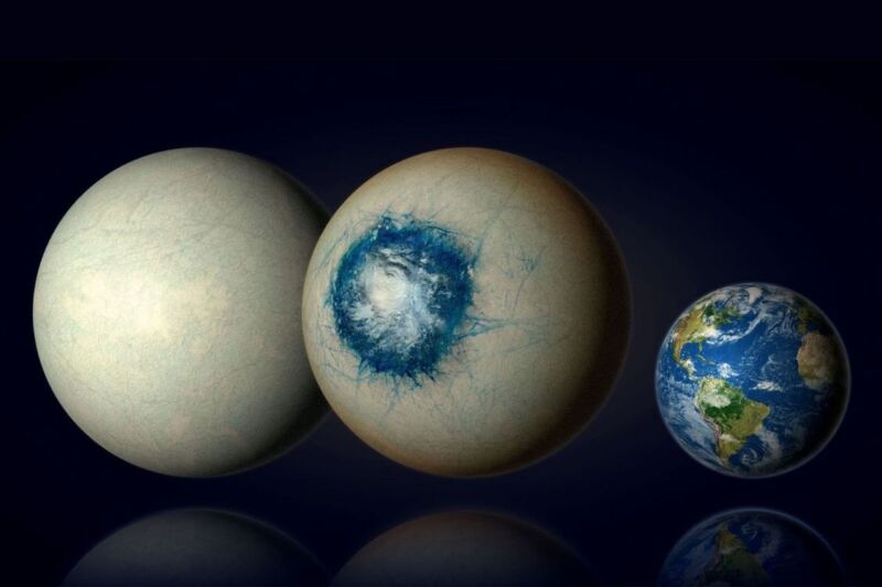 Image of three planets on a black background, with the two on the left being mostly white, suggesting an icy composition. The one on the right is much smaller and represents Earth.