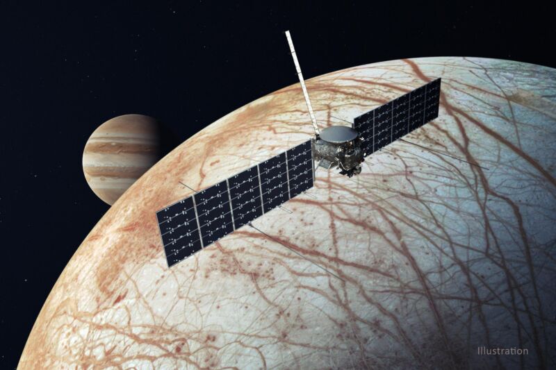 An artist's impression of the Europa Clipper spacecraft during a flyby close to Jupiter's icy moon.