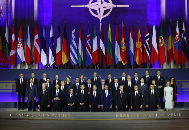 Heads of state pose for a group photo on Tuesday during an event celebrating NATO's 75th anniversary.