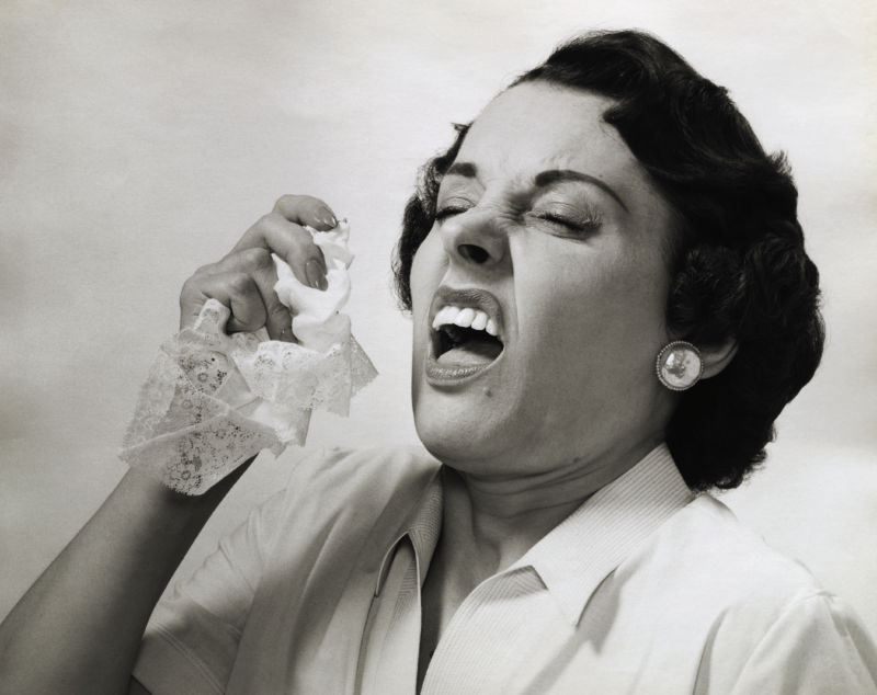 The photo shows a woman about to sneeze and holding a tissue in her hand.