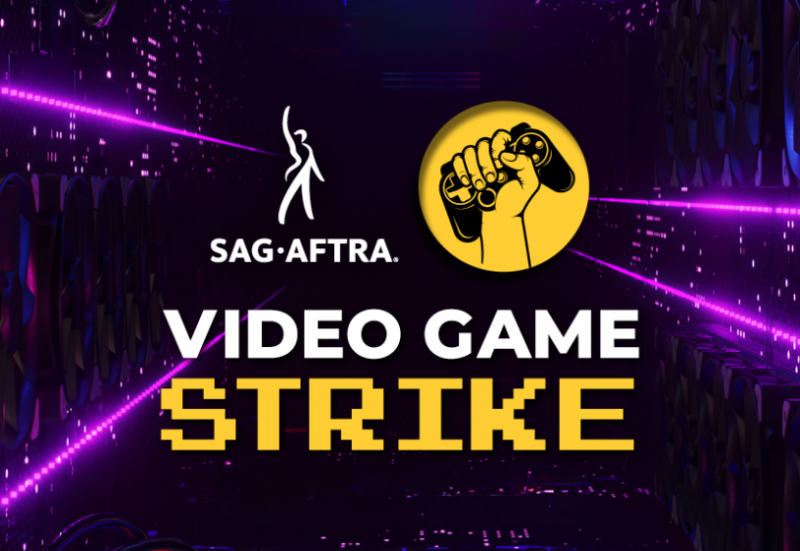 Image of the SAG-AFTRA logo next to a raised fist holding up a game controller, with 