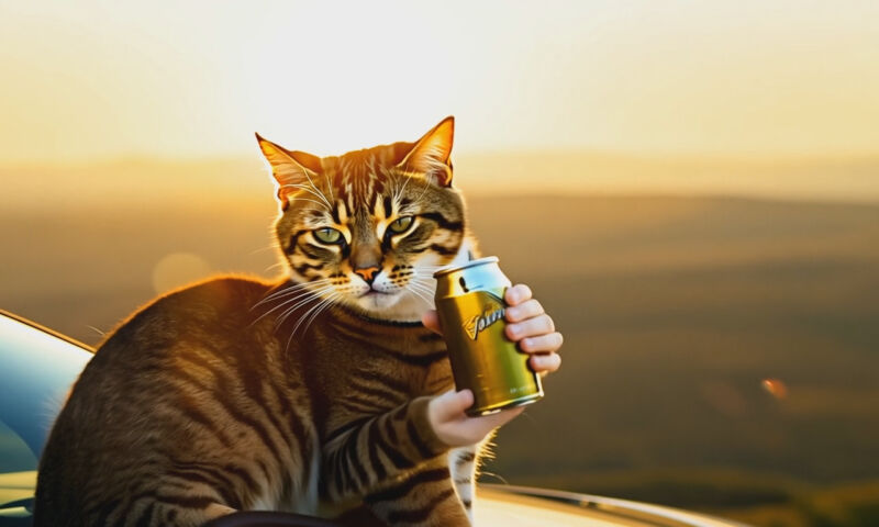 A screenshot of an AI-generated video of a cat drinking a can of beer, created by Runway Gen-3 Alpha.