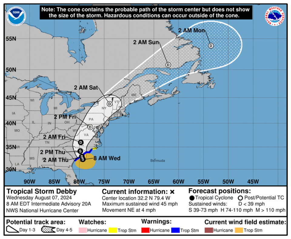 Forecasters say Tropical Storm Debby will make landfall for the second time Wednesday night or Thursday morning and will gain some speed as it heads toward North Carolina. The storm will continue to bring rain and some wind to North Carolina through Friday night.