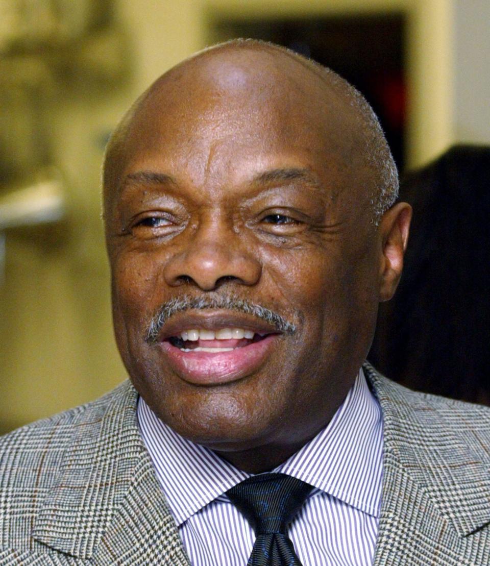 San Francisco Mayor Willie Brown addresses a rally at Mother Brown's Dining Room in San Francisco, California on December 19, 2003.