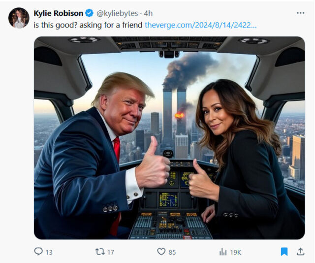 An AI-generated image of Donald Trump and Kamala Harris on a plane, created with Grok, which uses the Flux image synthesis model.