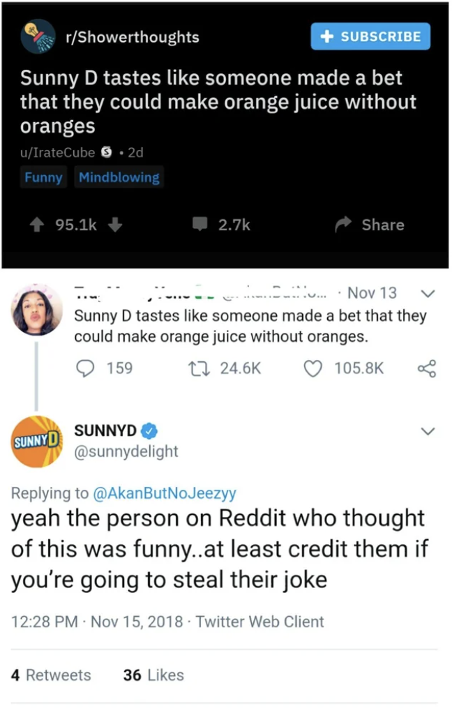 "At least give them credit if you're going to steal their joke"