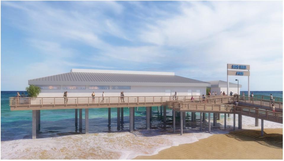 A perspective view of the redesigned Bob Hall Fishing Pier, which was constructed in April 2023 to showcase the public space and concession area.