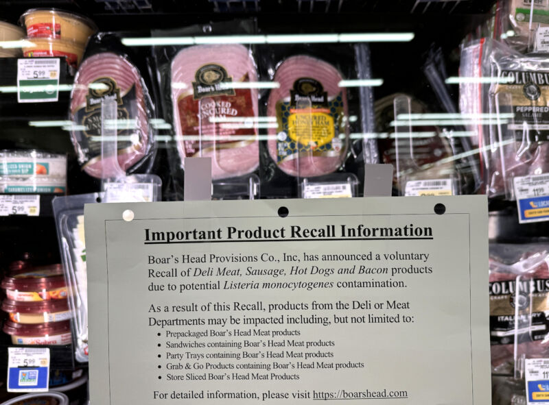 A recall notice is displayed next to Boar's Head meat on display at a Safeway store in San Rafael, California on July 31, 2024. 