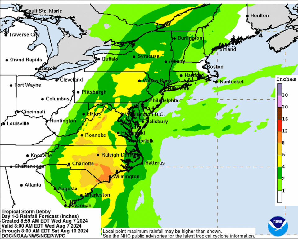 Tropical Storm Debby could dump another 3 to 9 inches of rain across parts of North Carolina through Friday, bringing the total for the week to 15 inches in some parts of southeastern NC, the National Hurricane Center said.