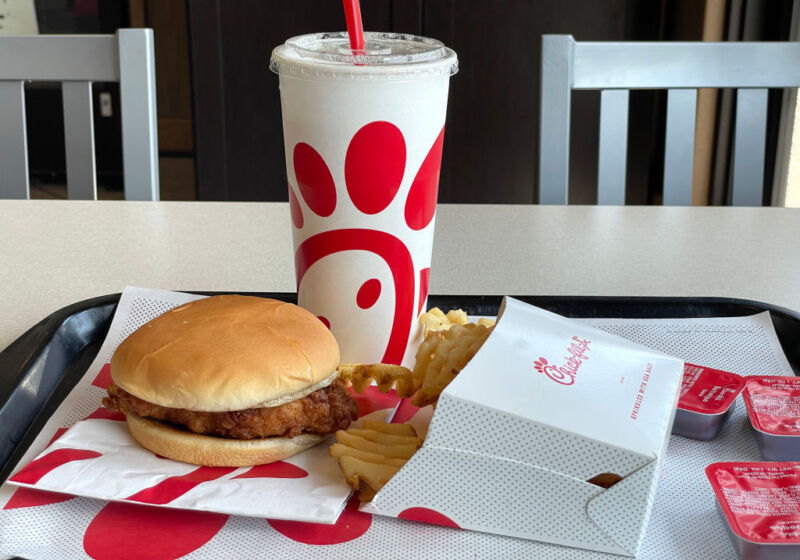 A Chick-fil-A meal is displayed at a Chick-fil-A restaurant in Novato, California on June 1, 2023.