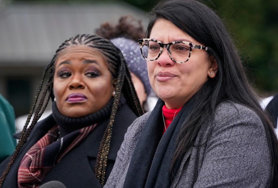 December 7, 2023; Washington, DC, USA -- Congresswomen Cori Bush (D-MO), left, and Rashida Tlaib (D-MI), right, speak at a news conference on December 7, 2023 in Washington, DC, calling for a ceasefire in Gaza. Mandatory credit: Jack Gruber-USA TODAY