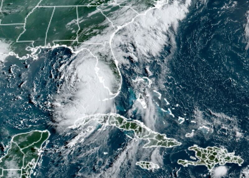 Satellite image of Tropical Storm Debby on Sunday morning.