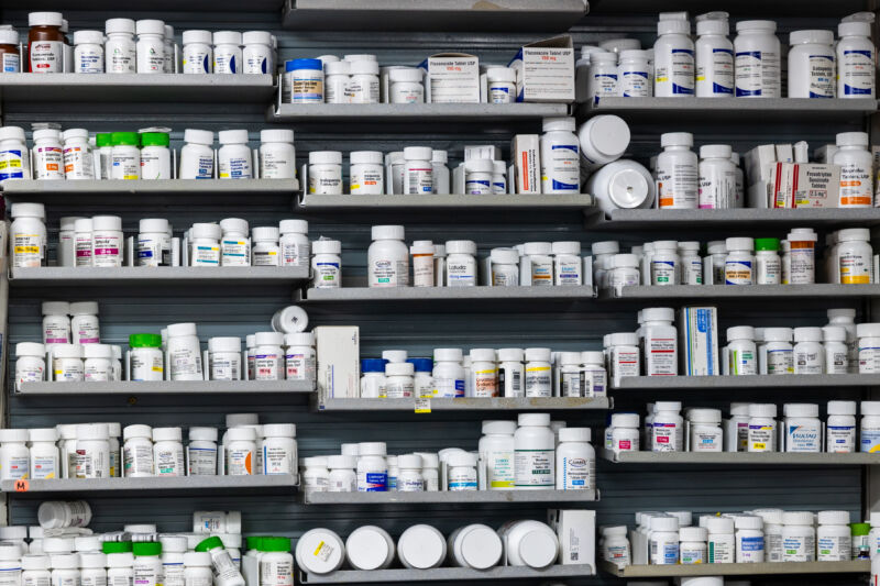 Prescription medications are displayed at NYC Discount Pharmacy in Manhattan on July 23, 2024. 