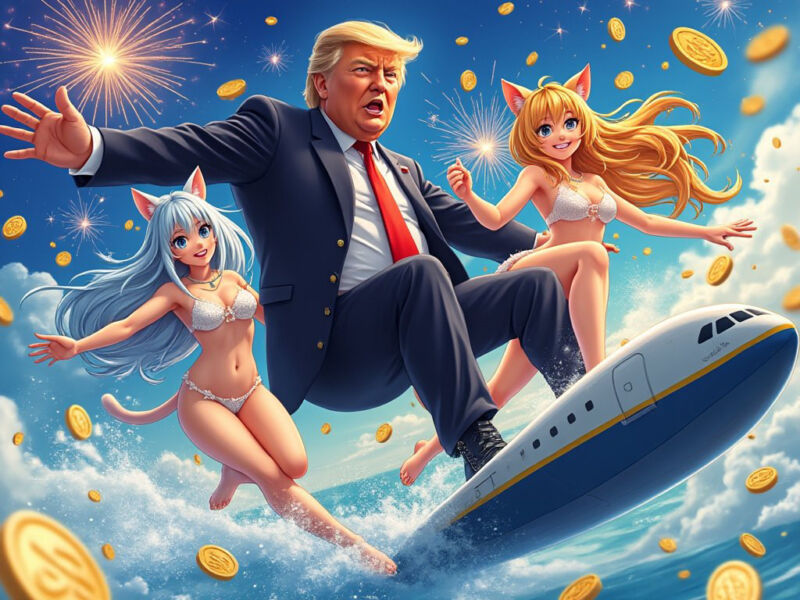 An AI-generated image of Donald Trump and catgirls, created with Grok, which uses the Flux image synthesis model.