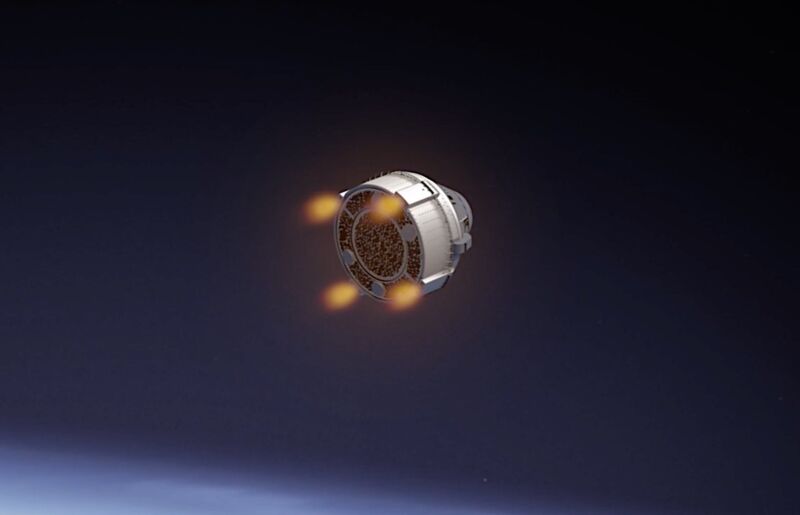 Illustration of the Boeing Starliner spacecraft as four of its orbital maneuvering engines fire, as it will do during the deorbit burn at the end of the mission.