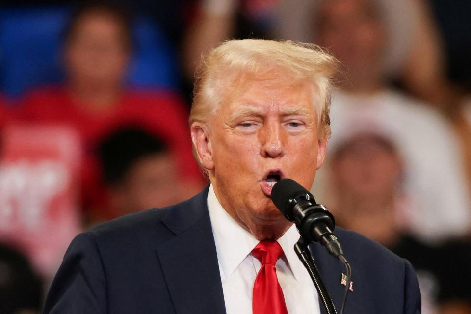 Republican presidential candidate and former U.S. President Donald Trump speaks during a campaign rally in Atlanta, Georgia on August 3, 2024.