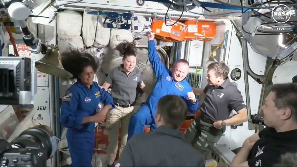 NASA astronauts Suni Williams and Butch Wilmore are greeted by the International Space Station crew on June 6, 2024. - NASA/AP