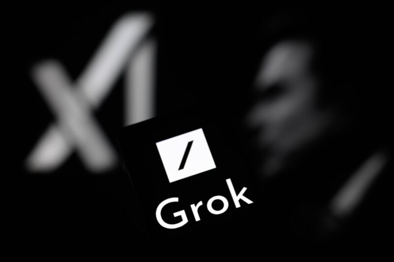 The logo for X's Grok AI tool is displayed on a smartphone with an xAI icon and an image of Elon Musk in the background.