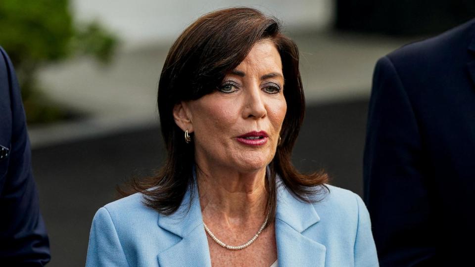 PHOTO: New York Gov. Kathy Hochul speaks to the press after attending a meeting with President Joe Biden and other Democratic governors at the White House in Washington, D.C., July 3, 2024. (Elizabeth Frantz/Reuters, ARCHIVE)