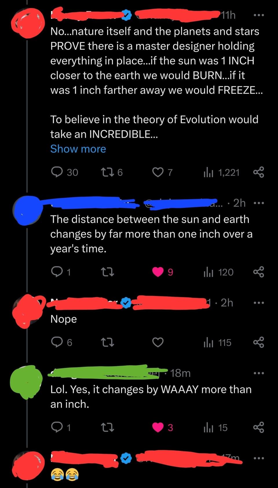 A Twitter conversation about scientific claims. User 1 claims that nature proves there is a designer behind it. User 2 corrects them about the distance from the earth to the sun. User 3 disagrees. User 4 supports User 2's correction