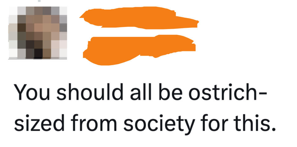 "You should all be as big as ostriches in society for this"