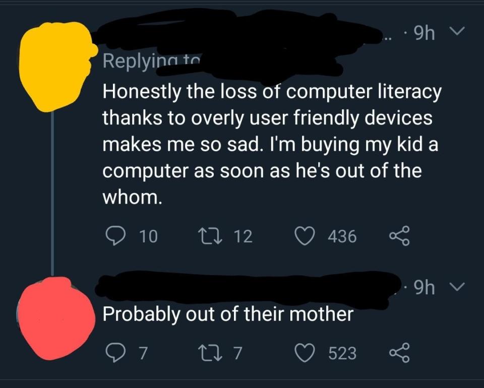 "The loss of computer skills due to overly user-friendly devices makes me so sad; I'll buy my kid a computer as soon as he's out of class"; answer: "Probably from their mother"