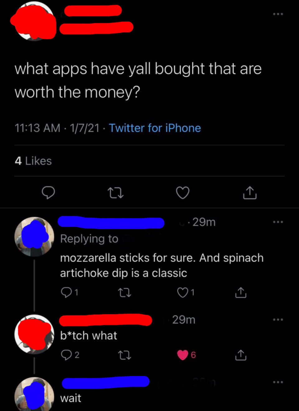 Twitter conversation. First tweet asks, "What apps have you purchased that are worth the money?" Comments suggest mozzarella sticks, spinach artichoke dip, and express confusion