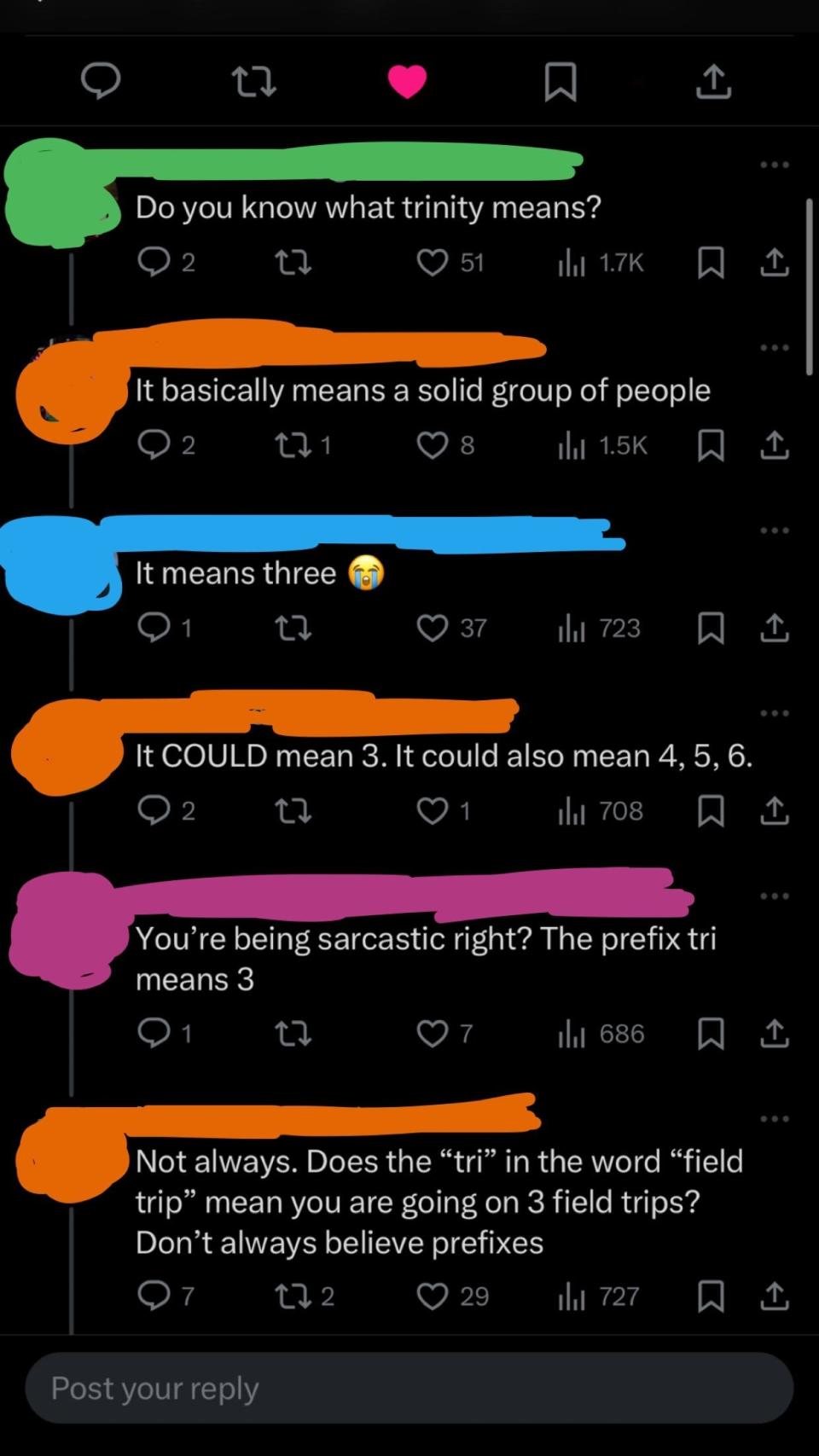 A conversation about the meaning of "trinity" on social media, with different users debating whether it means three or a solid group of people