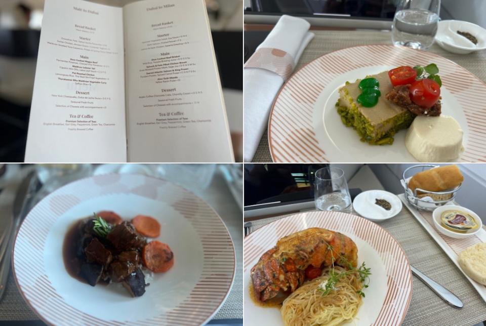 The menu from Male to Milan, composed of foie gras pate, beef brisket and lobster tail with noodles.