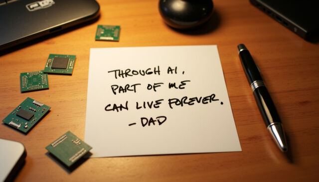 An AI generated image using Flux and "Capital letter of daddy" and the prompt: A square piece of notepaper centered on a warm wooden desk top. The note reads: "AI ALLOWS A PART OF ME TO LIVE FOREVER. --PAPA" There are several computer chips on the desk, near the note.