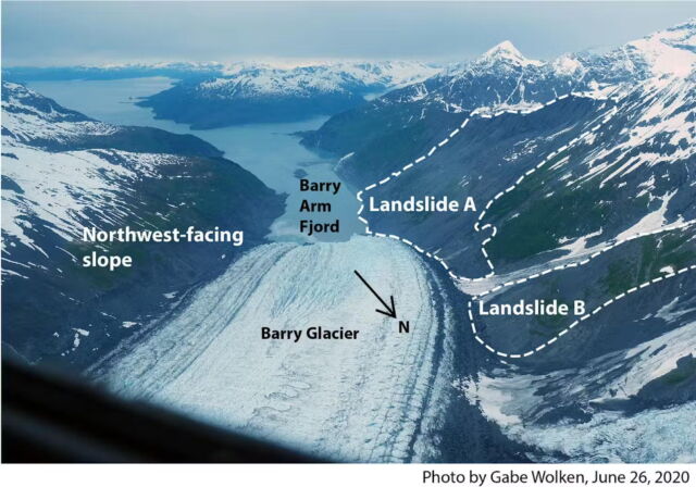 Landslides hit slopes around Barry Arm Fjord, Alaska. If the slopes suddenly collapse, scientists fear a large tsunami could hit the town of Whittier, 30 miles away. 