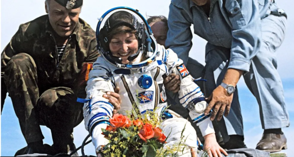 Helen Sharman in a spacesuit in 1991