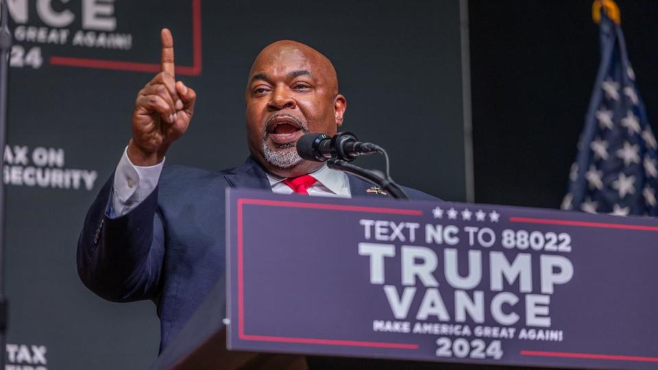 PHOTO: North Carolina Lt. Governor and candidate for governor Mark Robinson delivers a speech prior to Republican presidential candidate and former President Trump's address during a campaign rally at Harrah's Cherokee Center on August 14, 2024 in Asheville, North Carolina. (Grant Baldwin/Getty Images)