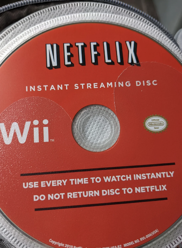 A Netflix Instant Streaming Disc for the Wii. Text reads: "Use every time to watch instantly. Do not return the disc to Netflix."